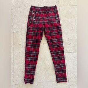 Zara Stretch Red Plaid Trousers with Zipper Details